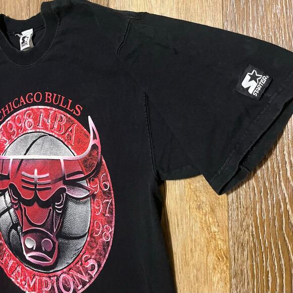 Vtg Starter Chicago Bulls NBA Champions T-Shirt L Double Sided Black 1998 Jordan - Picture 3 of 8